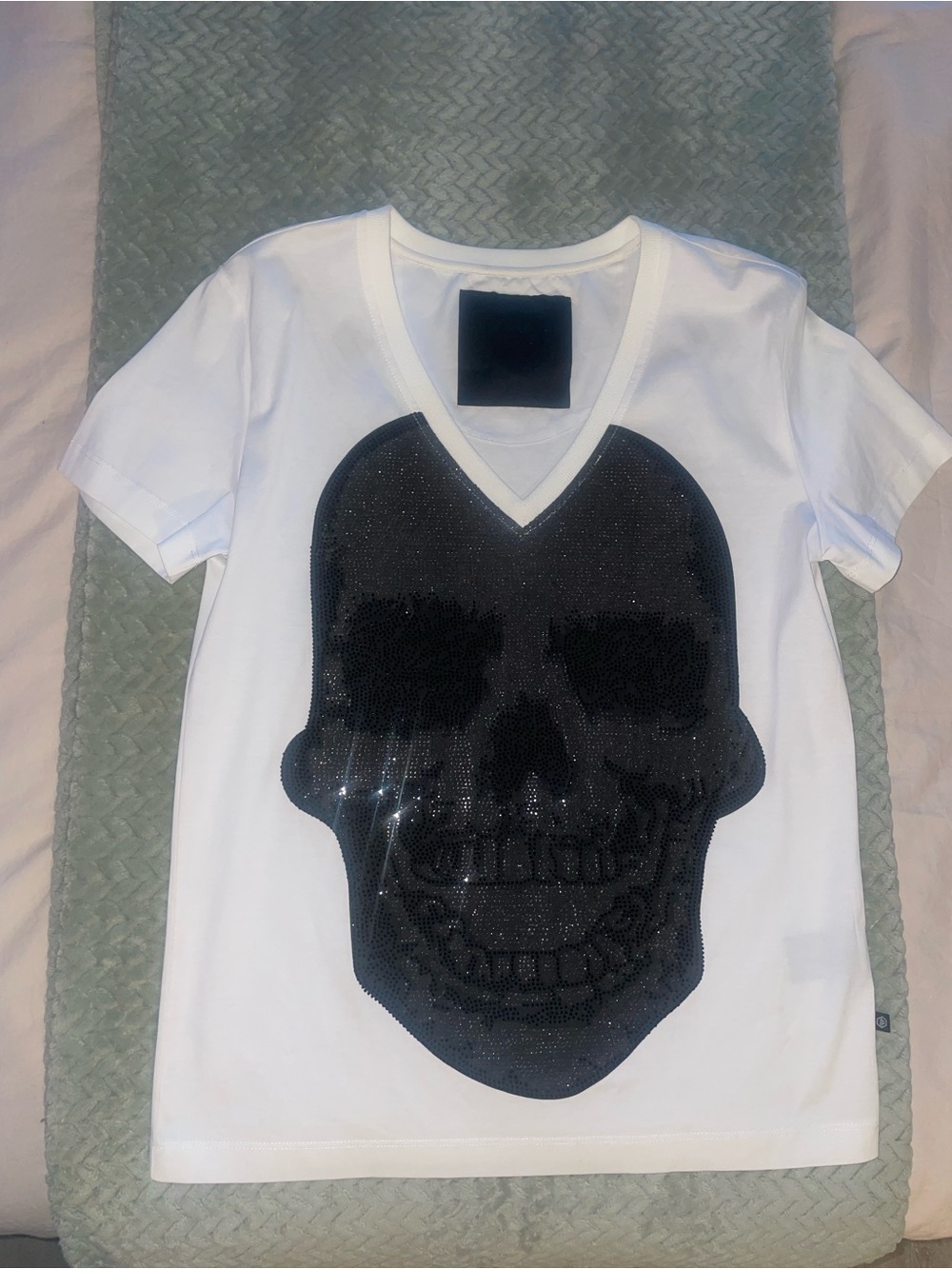 Philipp Plein White V-Neck Tee with Black Skull Patch